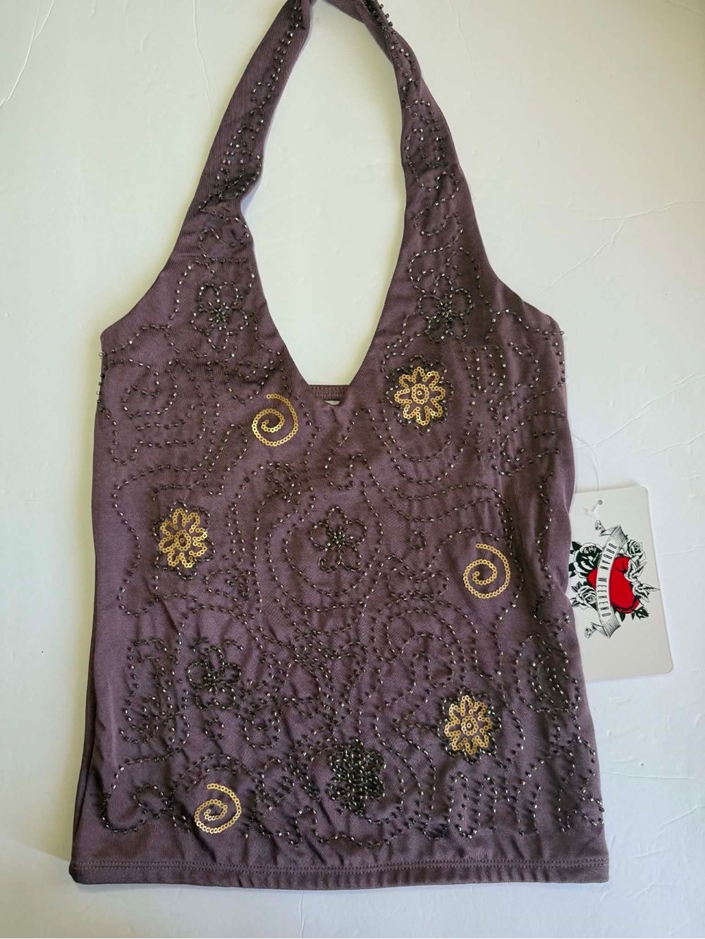 Urban Weekend Purple Beaded Halter Top - Size XS - Floral Sequin Y2K Boho - NWT